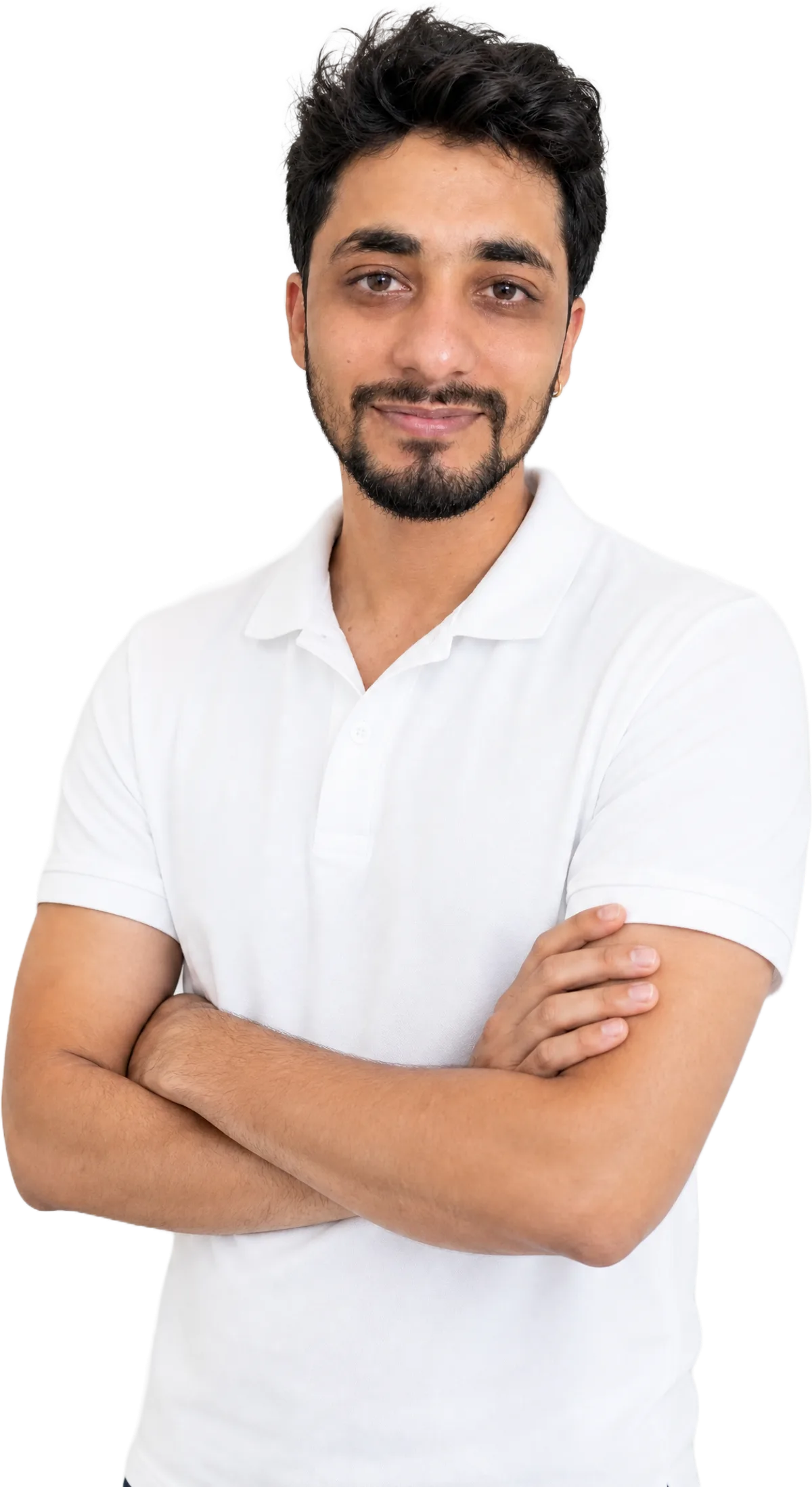 Neeraj Jivnani, arms folded, in a white polo