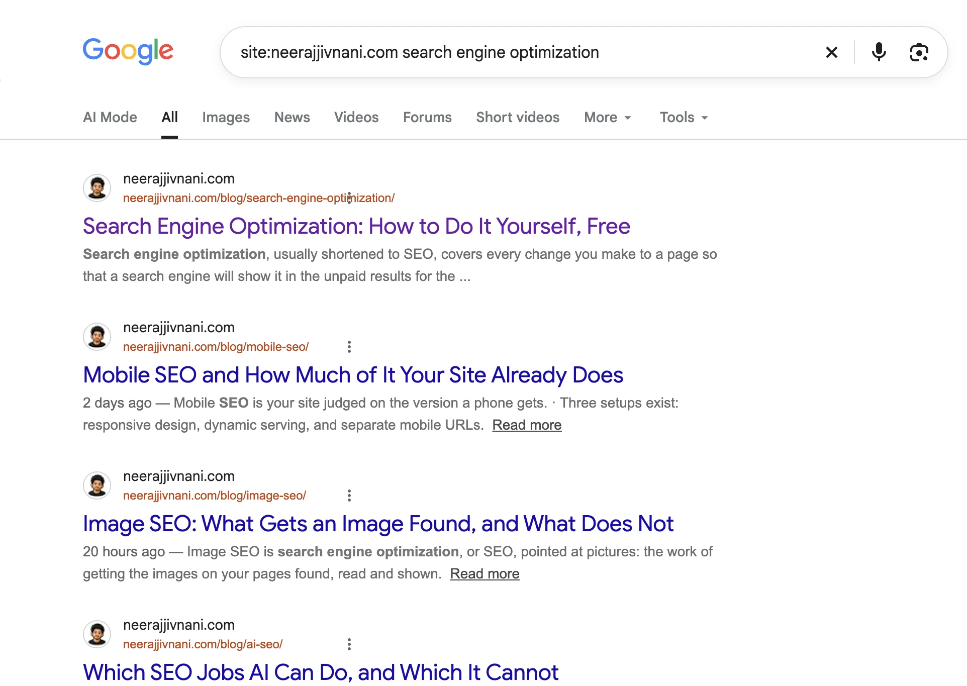 The same Google results page with the extension active. Each breadcrumb has been replaced by the result's full address in orange, such as neerajjivnani.com/blog/mobile-seo/.