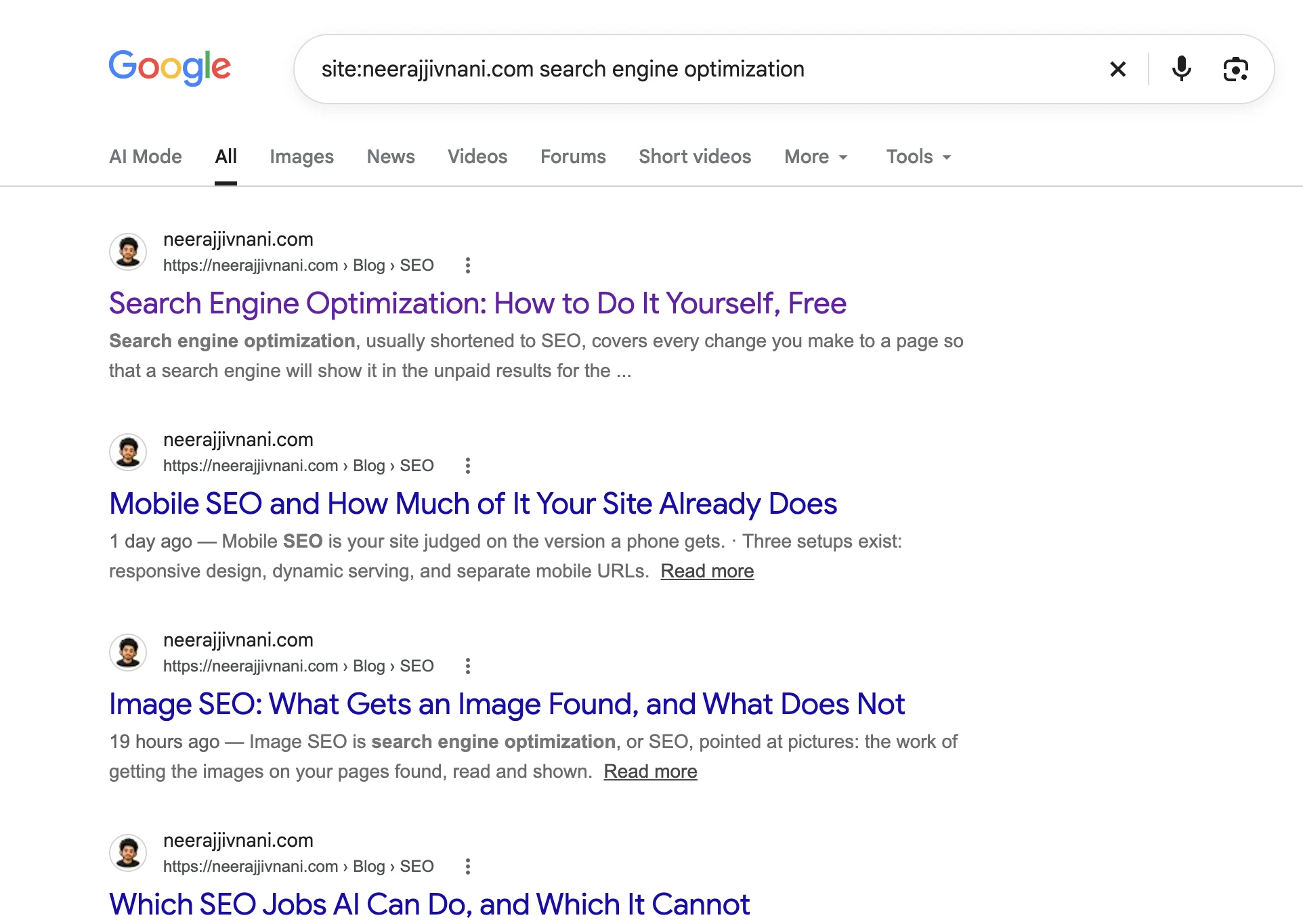 A Google results page for the search site:neerajjivnani.com search engine optimization. Under each result is a breadcrumb trail such as neerajjivnani.com followed by Blog and SEO, with the rest of the address hidden.