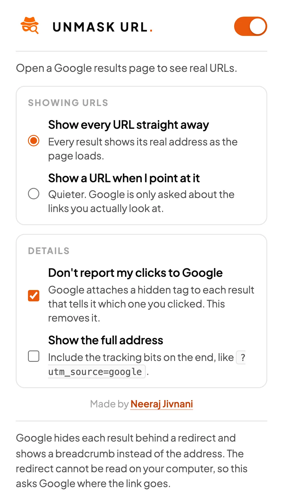 The Unmask URL popup: a switch to turn it on, a choice between showing every URL straight away or only on hover, and two checkboxes for click reporting and the full address.